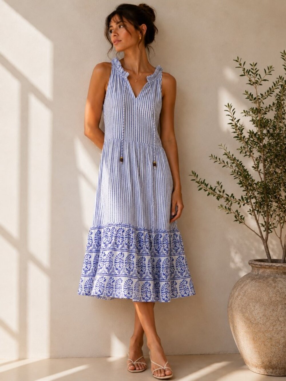 Calypso St. Barth Dress L Blue White Striped Sleeveless Cotton Boho NWT